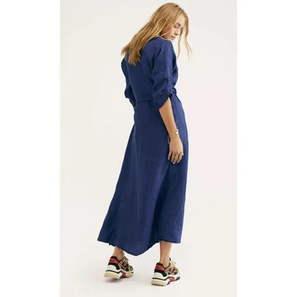 NWT Free People x CP Shades Allie Maxi in Indigo Blue Linen Shirt Dress L - Picture 3 of 7